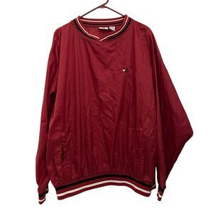 Jerzees Z Vintage Red Nylon Pullover Jacket Blue and White Strip Trim Size XL‎